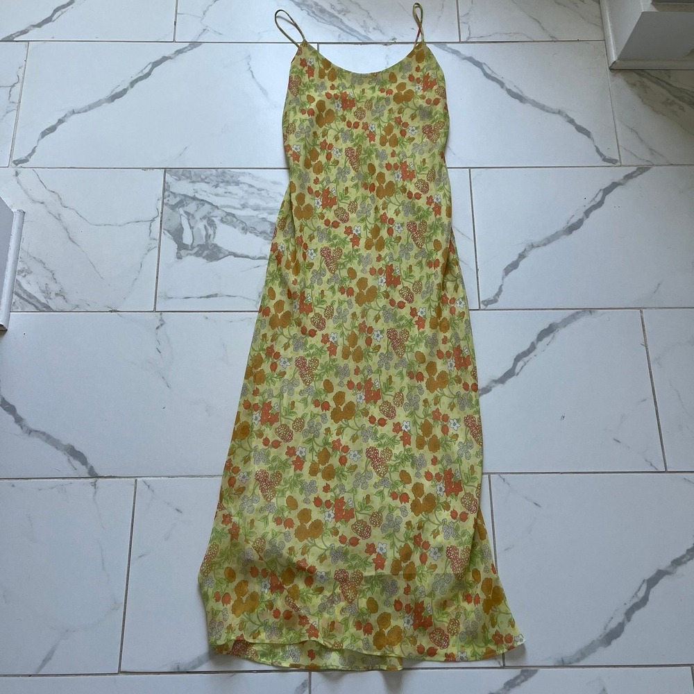 Vintage Mica yellow retro floral print slip dress Sz small